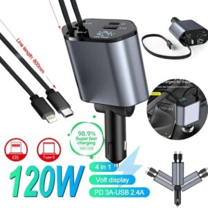 4-in-1 Retractable Super Fast Car Charger – 120W Dual USB with Type-C & LED Display