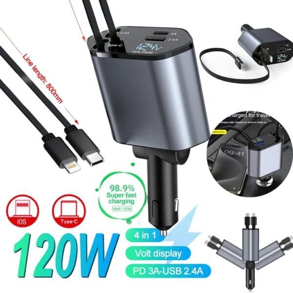 4-in-1 Retractable Super Fast Car Charger – 120W Dual USB with Type-C & LED Display