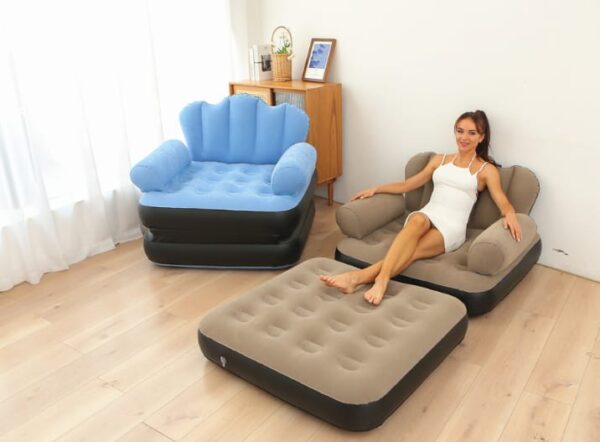 5-in-1 Inflatable Couch Lazy Sofa Bed with L-Shaped Armrest – Foldable Waterproof Sofa Chair & Inflatable Lounge Bed